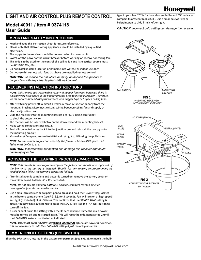 Model 40011 Ceiling Fan Remote Manual Manualzz Com