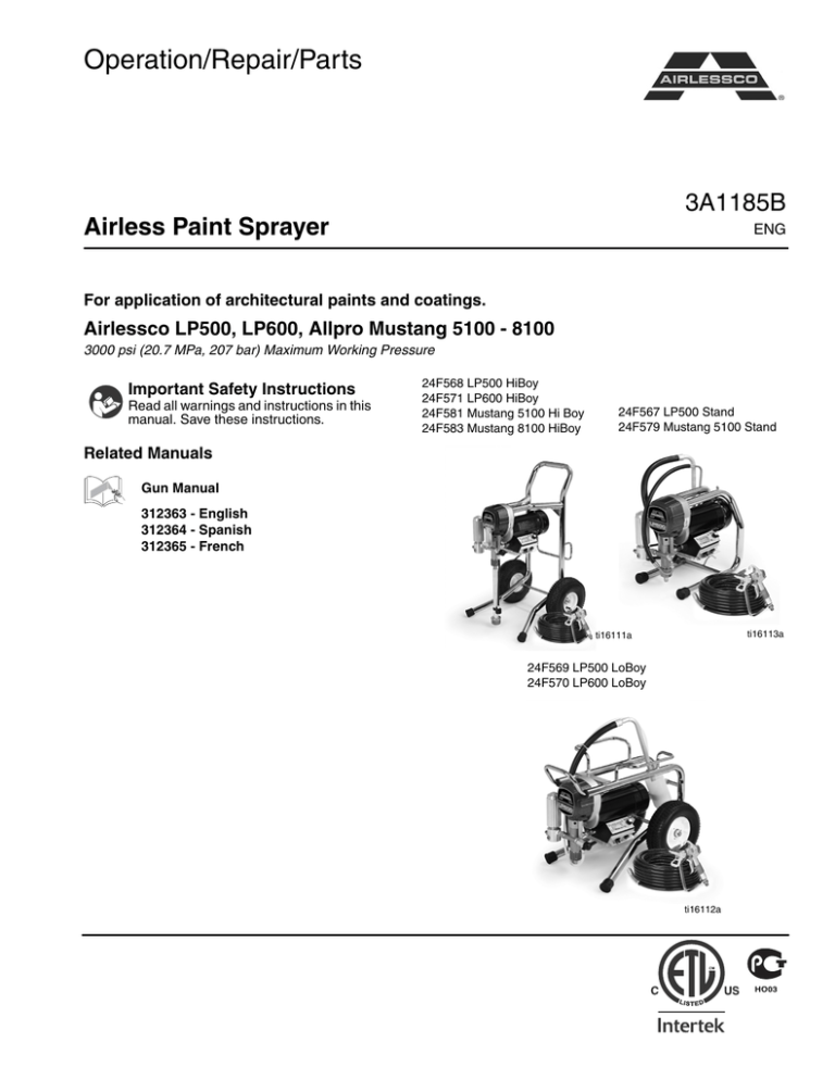 3A1185B - Airlessco Airless Paint Sprayer LP500, LP600, AllPro | Manualzz