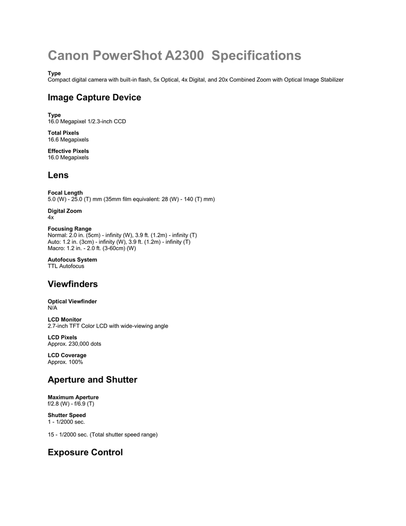canon powershot a2300 specs