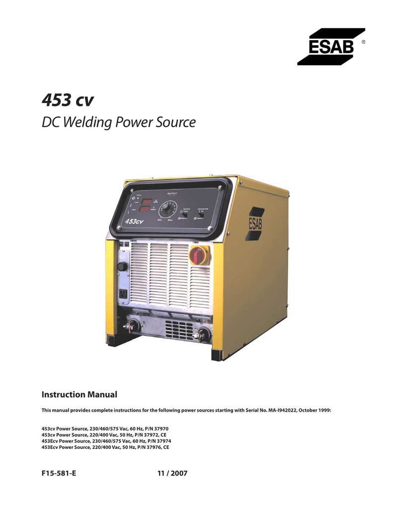 Esab 453 Cv Dc Welding Power Source User Manual Manualzz