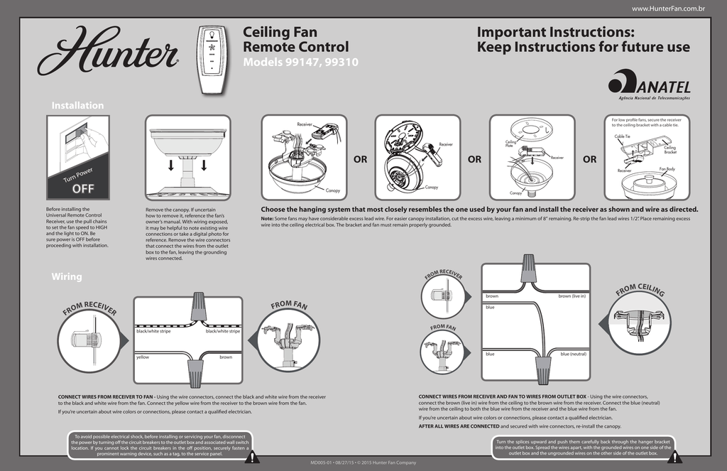 Hunter Fan 99147 Ceiling Accessory, How To Install A Remote Control On Hunter Ceiling Fan