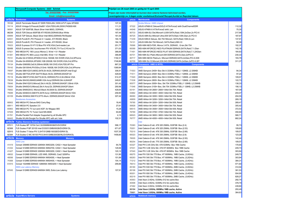 2223 Schriek Prijslijst Van 26 Maart 05 En Geldig Manualzz