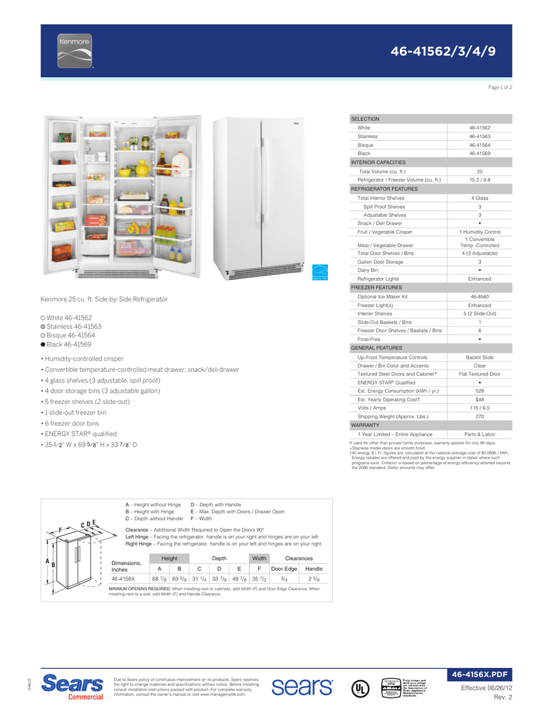 Kenmore 25 Cu Ft Side By Side Refrigerator White 46 Manualzz