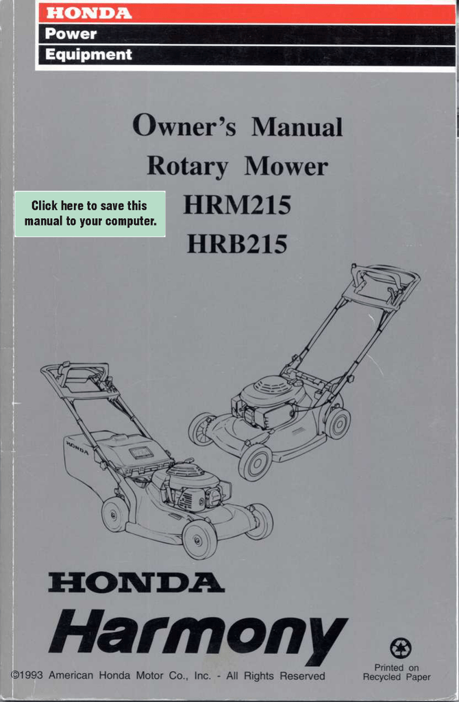 Honda Automobiles HRM215 Harmony Owner's Manual Manualzz
