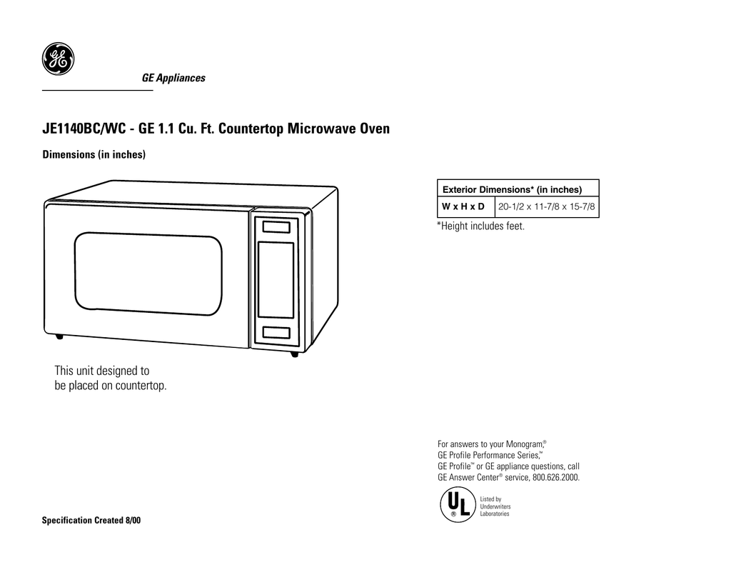 Je1140bc Wc Ge 1 1 Cu Ft Countertop Microwave Oven Manualzz Com