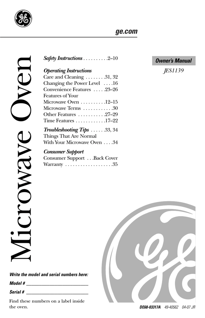 GE JES1139BL01 Microwave Owner's Manual | Manualzz