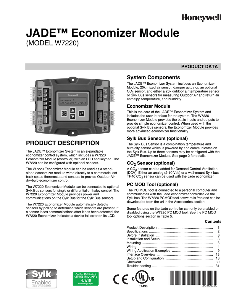 Honeywell JADE W7220 Installation Instructions And Operators Manual