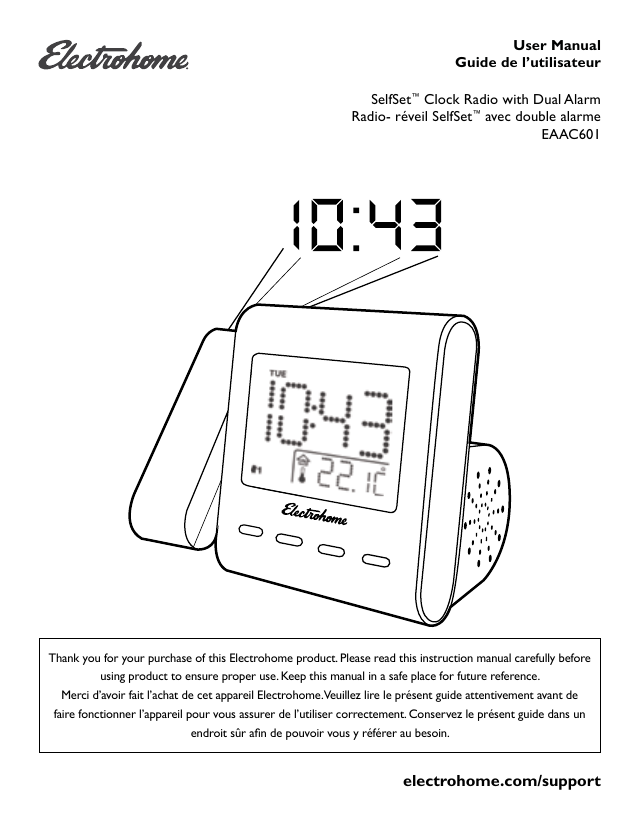 Electrohome Selfset Projection Clock Radio With Dual Alarm Temperature
