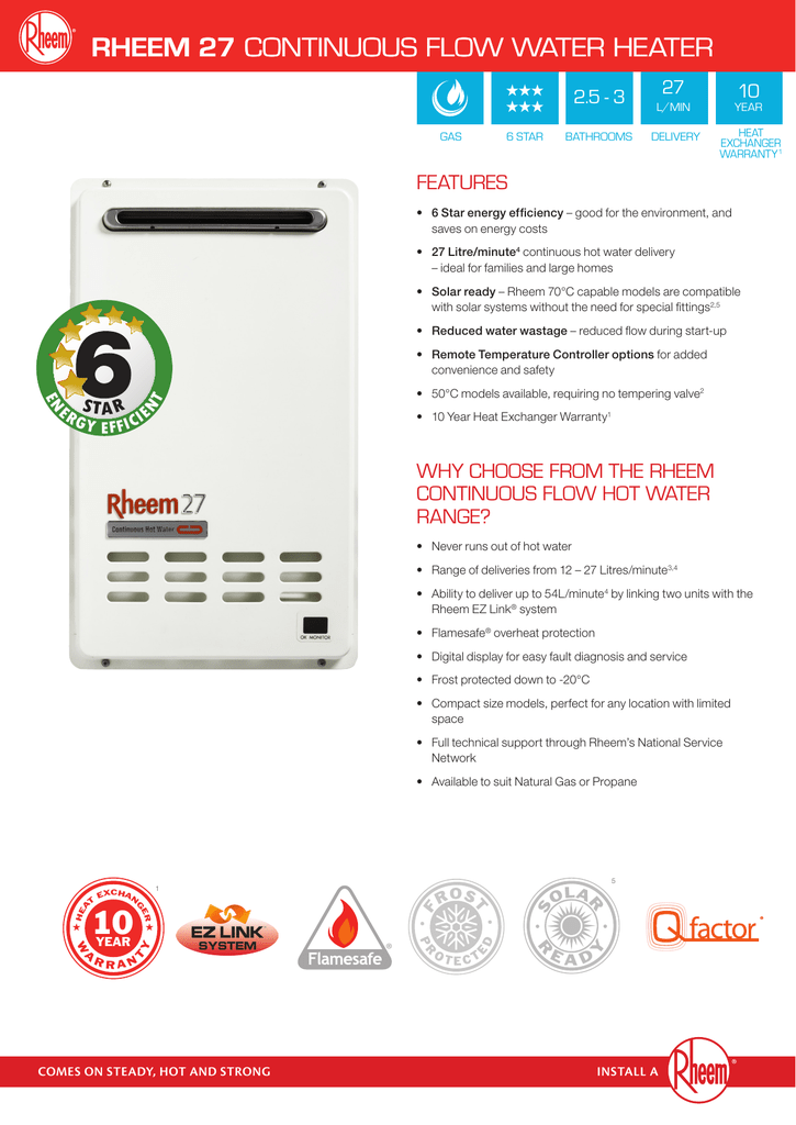 Rheem N/G 27Ltr Continuous Flow 60°C Hot Water System Specification |  Manualzz