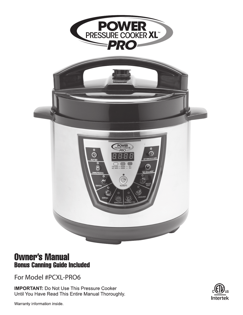 Intertek PPC790 Power Pressure Cooker XL Owner's Manual