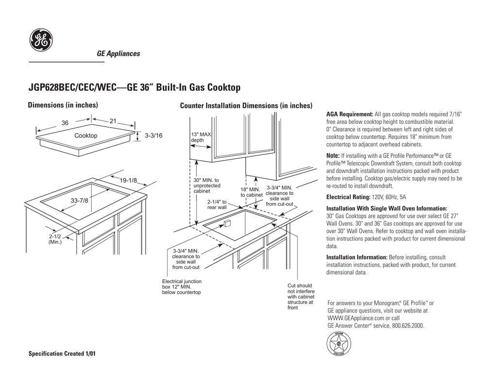 Jgp628bec Cec Wec Ge 36 Built In Gas Cooktop Manualzz