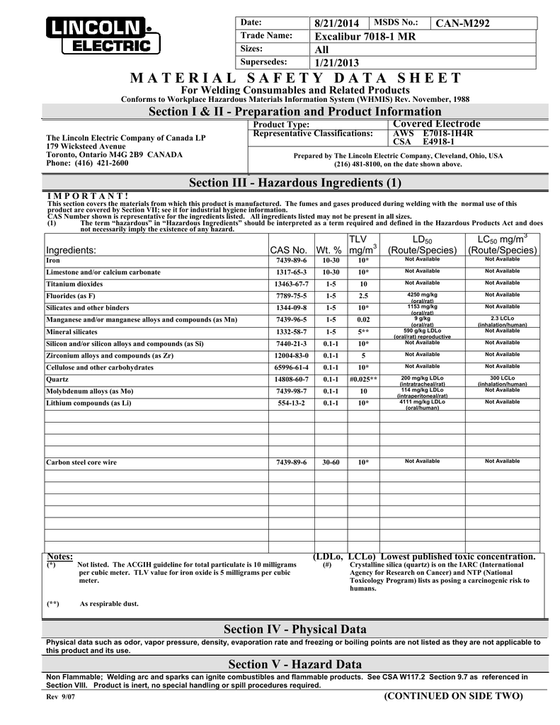 Lincoln Electric 7018 MSDS Weld Manualzz