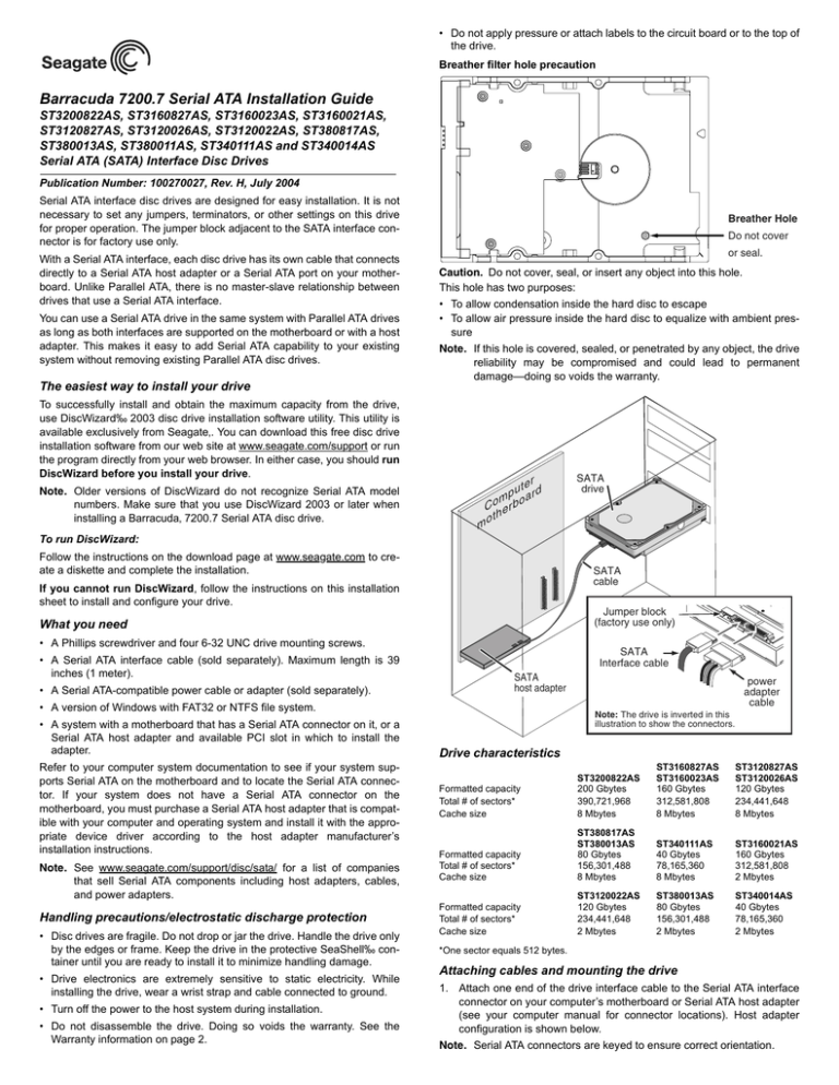 Barracuda 7200.7 Serial ATA Installation Guide | Manualzz