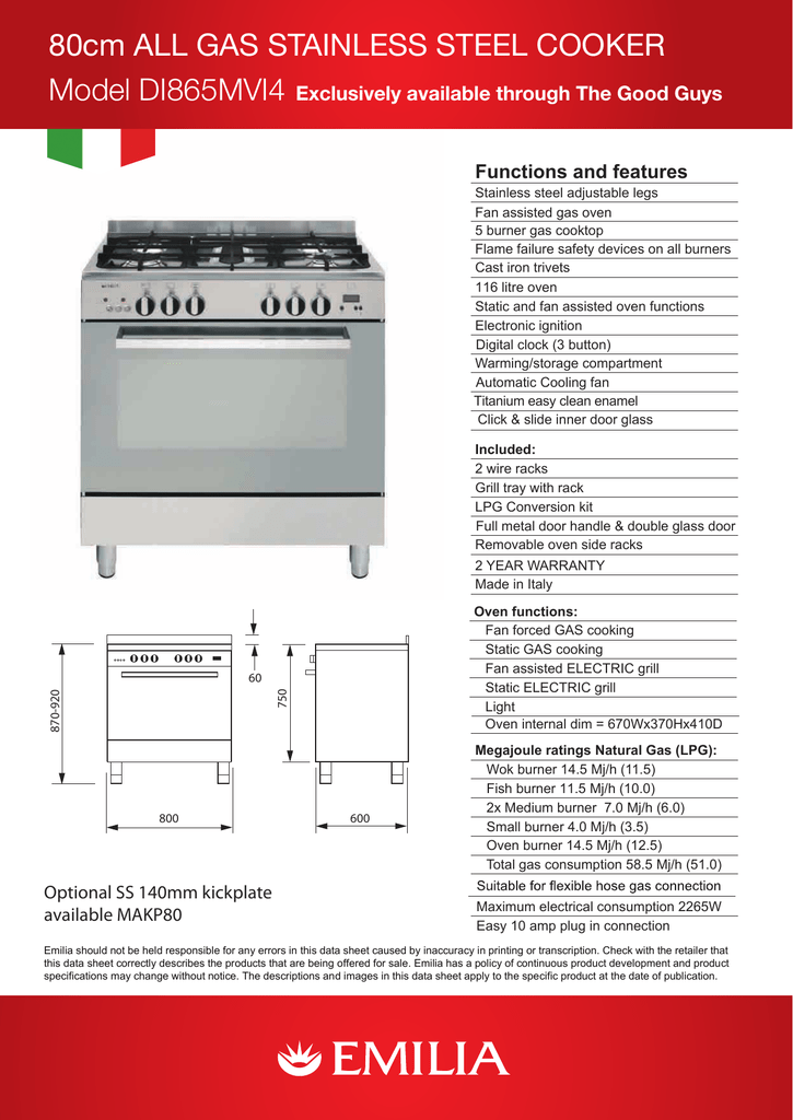 New Emilia 80 Gas Cooker Model Di865mvi3 Manualzz Com