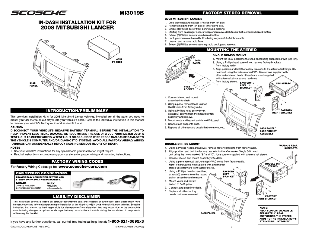 Scosche MI3019B 2008 Mitsubishi Lancer DIN With Pocket and Double DIN Kit
