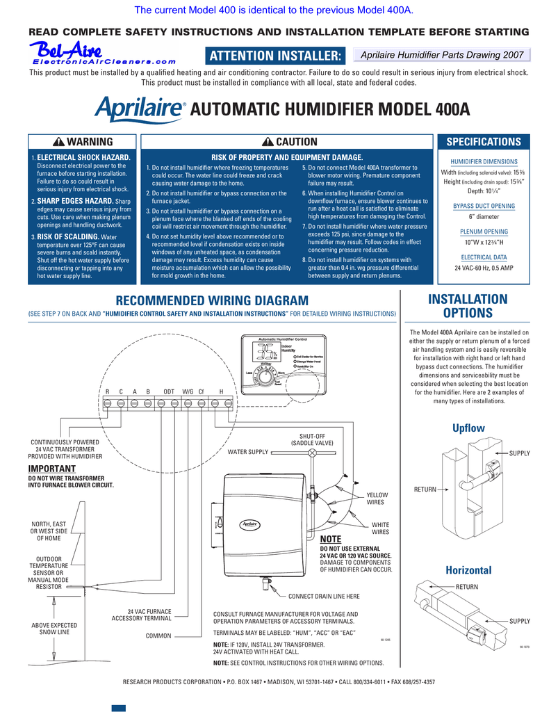 Aprilaire 400 Installation - Bel | Manualzz  Aprilaire Power Humidifier Wiring Diagram    Manualzz