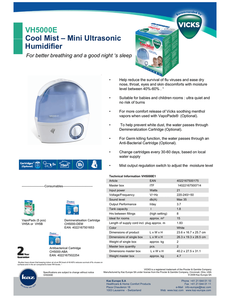 Vicks VH5000E1 Cool Mist Mini Ultrasonic Humidifier Water Vicks VH5000E1 Cool Mist Mini Ultrasonic Humidifier Water