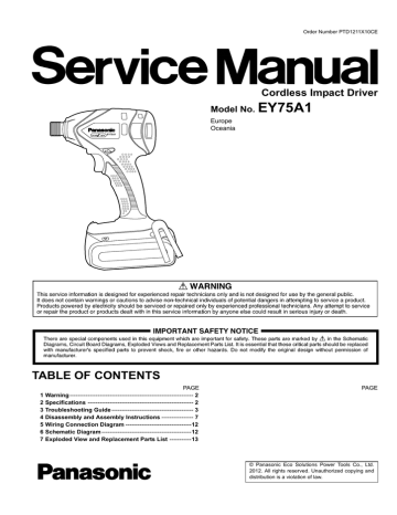 Panasonic EY75A1 Cordless Impact Driver Service Manual | Manualzz