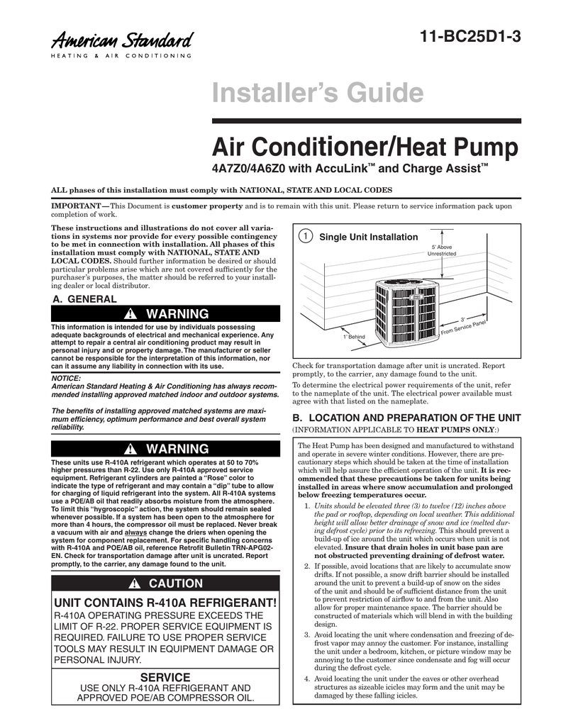 American Standard Installer`s Guide Air Conditioner/Heat Pump Manualzz