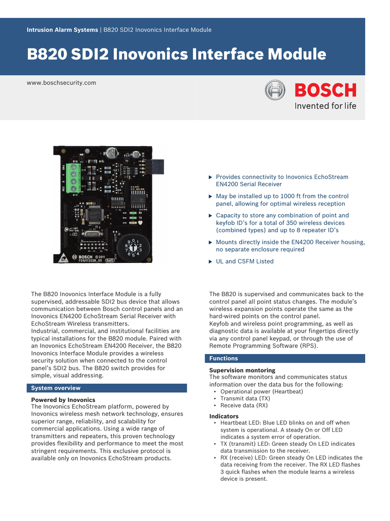 B820 SDI2 Inovonics Interface Module Manualzz