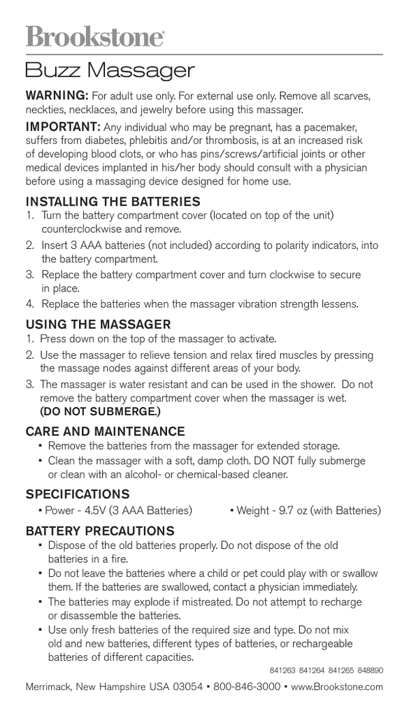 Brookstone Buzz Massager Quick Manual Manualzz