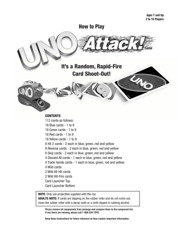 Mattel UNO Extreme Game Instruction Sheet