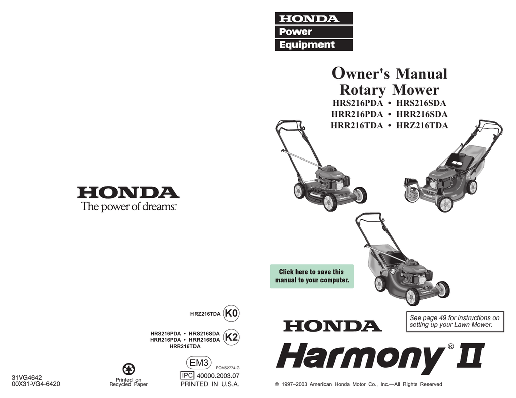 Honda Harmony II HRS216PDA Owner's Manual Manualzz