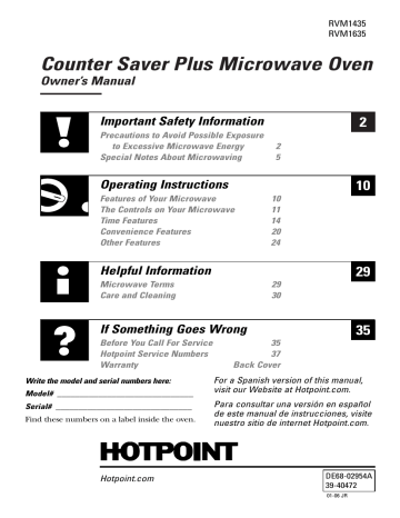 Hotpoint RVM1635 Microwave Oven Owner's Manual | Manualzz