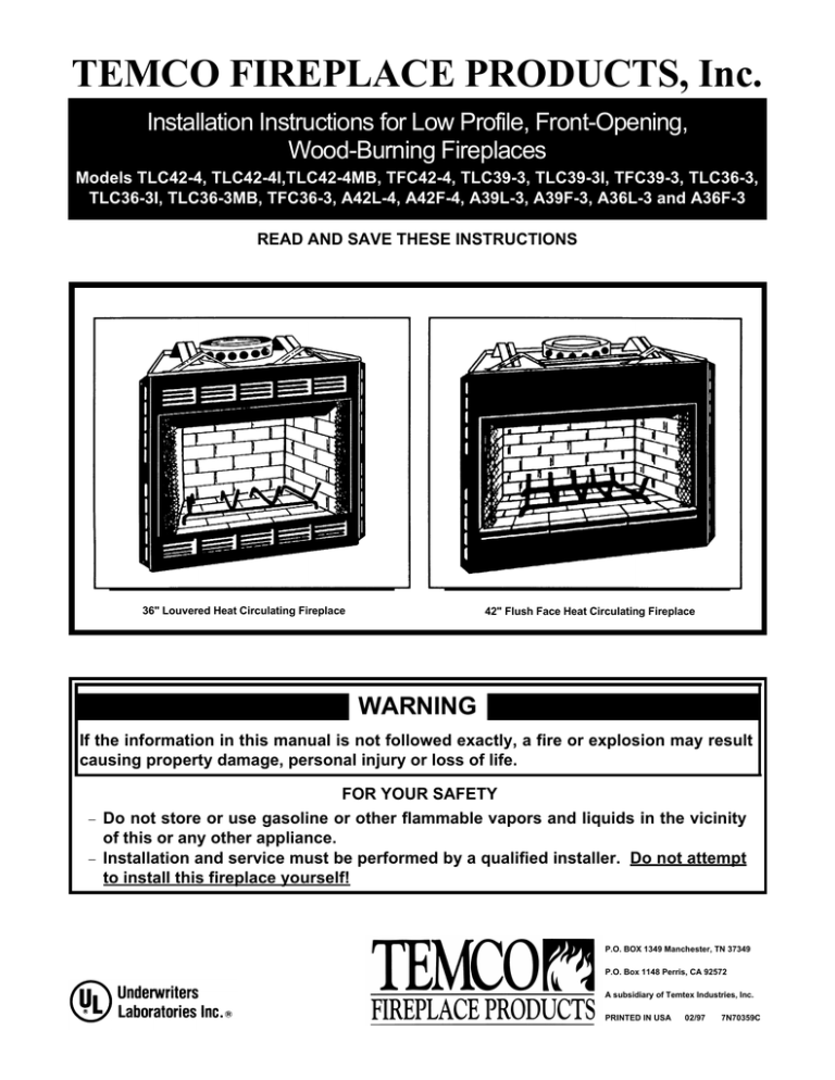 TEMCO FIREPLACE PRODUCTS, Inc. | Manualzz