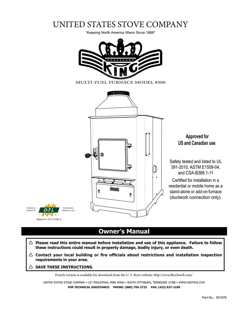US Stove 8500 3,000 sq. ft. MultiFuel Furnace Pellet Stove Instructions Manualzz
