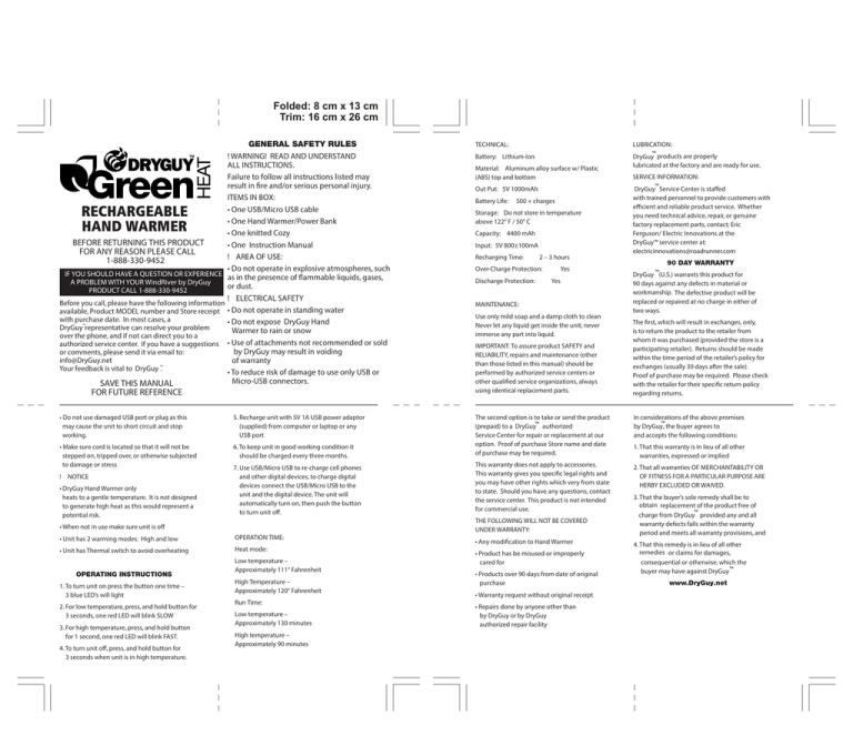 rechargeable hand warmer Manualzz