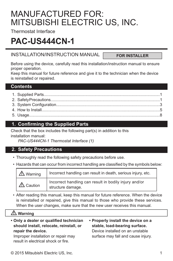 Mitsubishi Pac Us444cn 1 Manual 65+ Pages - Manual Updated 2021 