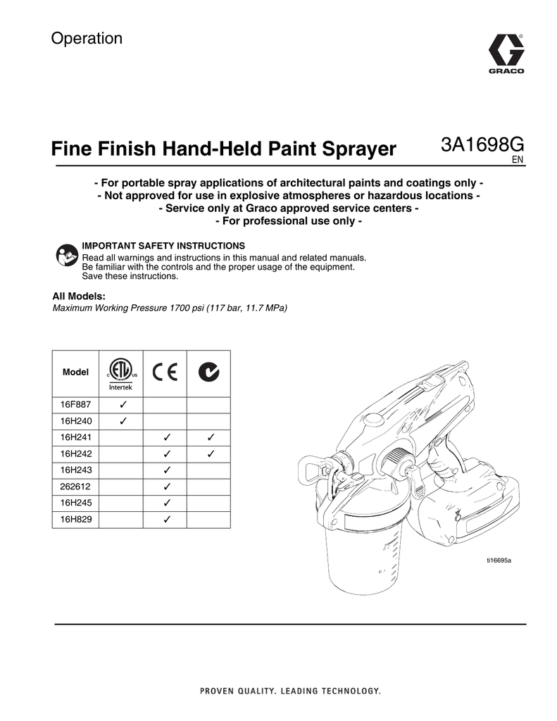 Graco 3A1698G Fine Finish HandHeld Paint Sprayer Owner's Manual