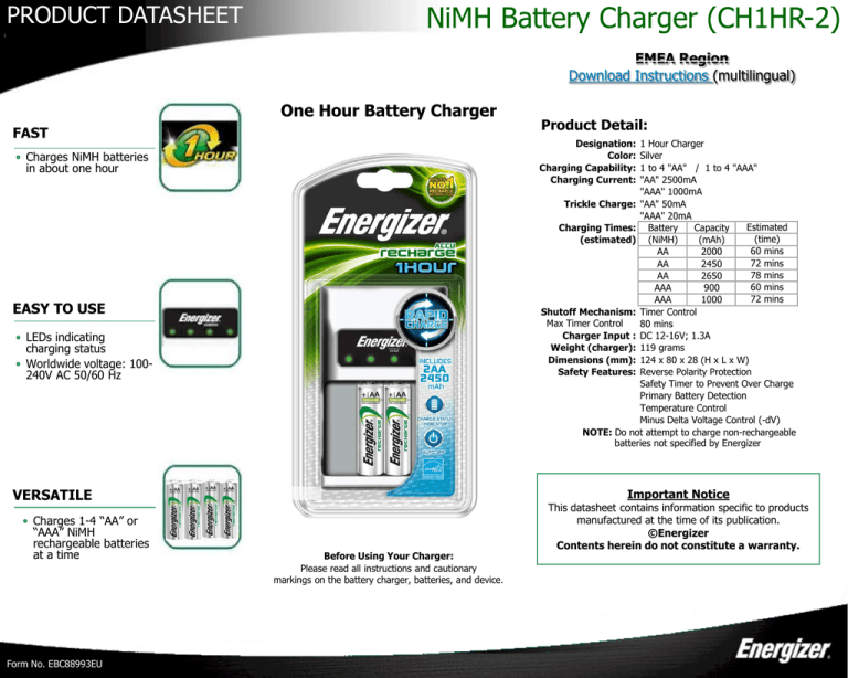 NiMH Battery Charger (CH1HR-2) - Energizer Technical Information | Manualzz