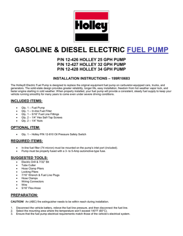 Holley® Mighty Mite Electric Fuel Pump Installation | Manualzz