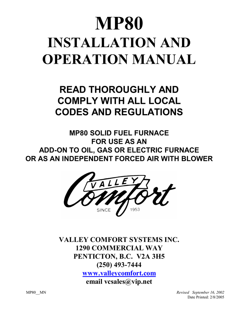 Valley Comfort MP80 Manual | Manualzz