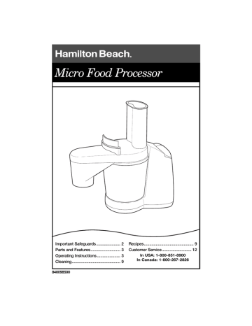 Hamilton Beach Micro Food Processor Operating Instructions Manual | Manualzz
