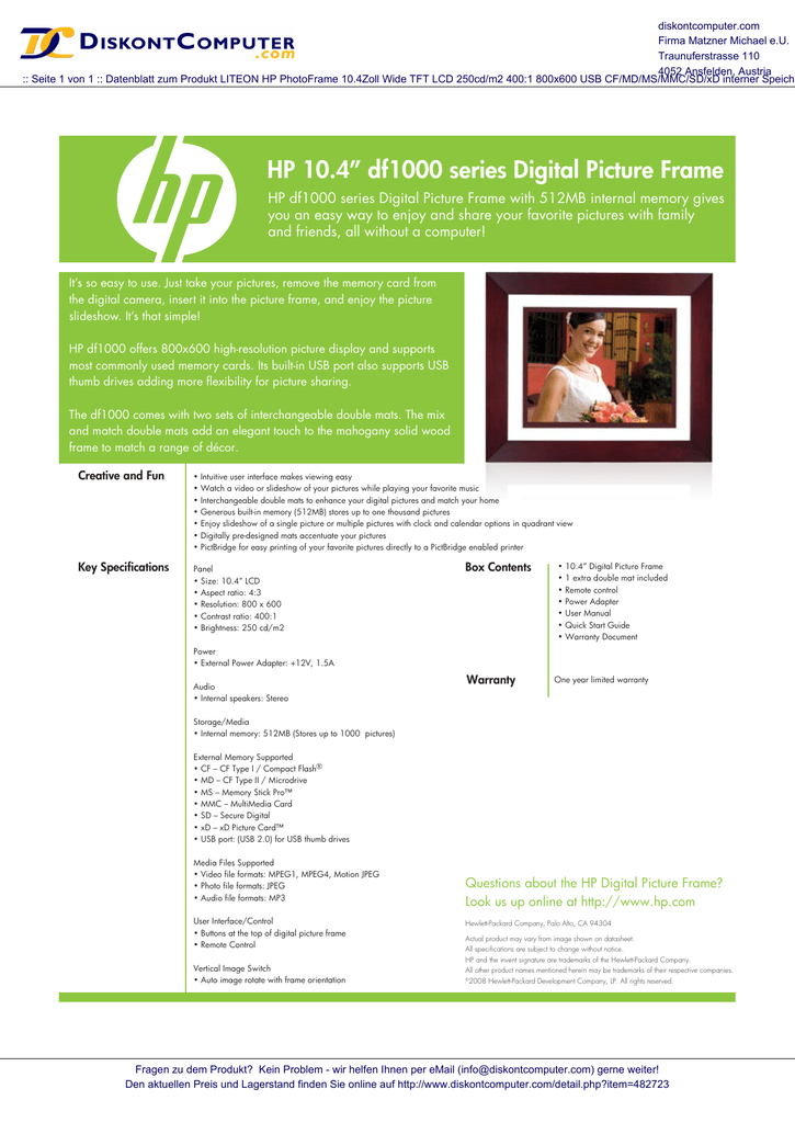Hp 10 4 Df1000 Series Digital Picture Frame Manualzz Com