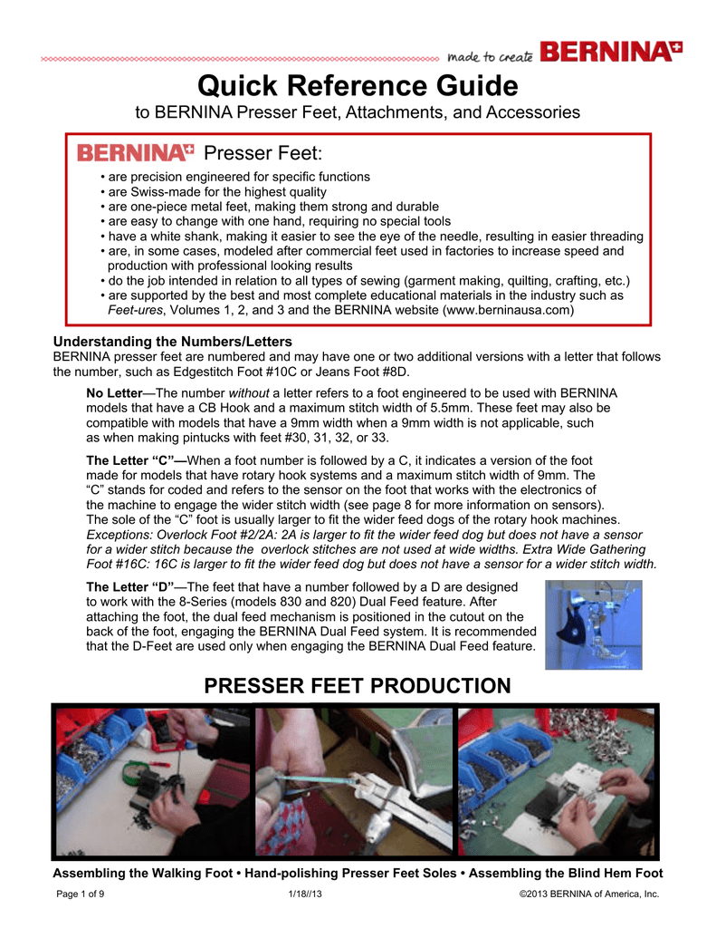 Quick Reference Guide to BERNINA Presser Feet, Attachments, and Manualzz