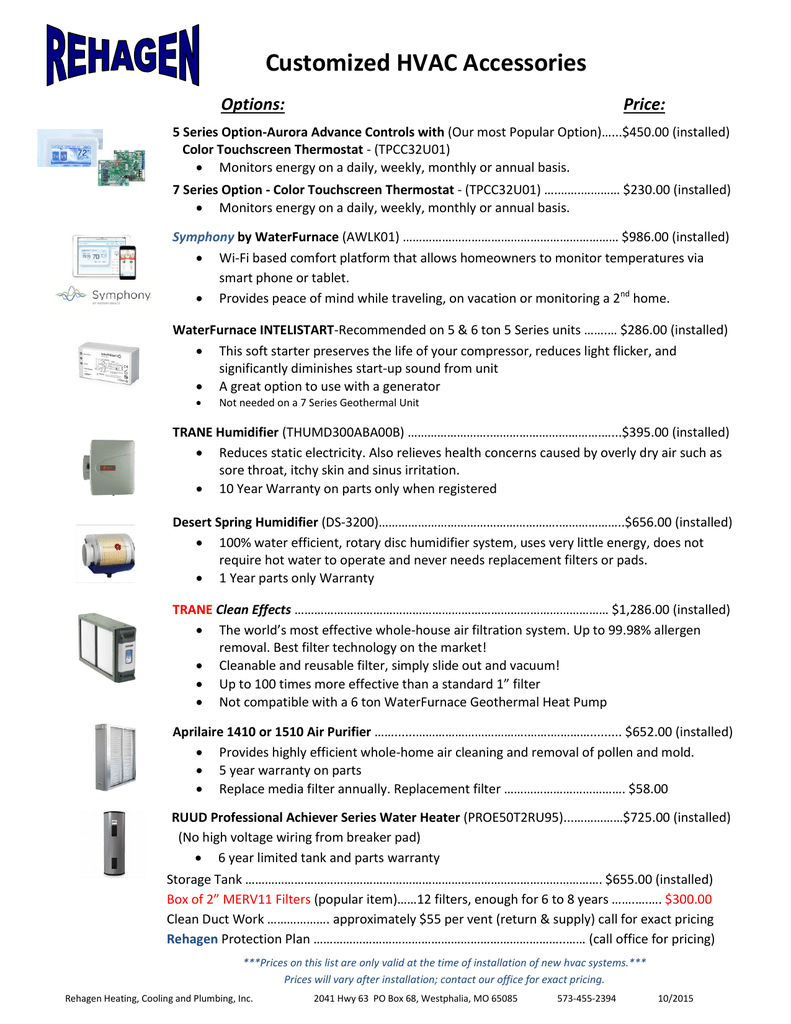 Customized Hvac Accessories Rehagen Heating Cooling Manualzz Com