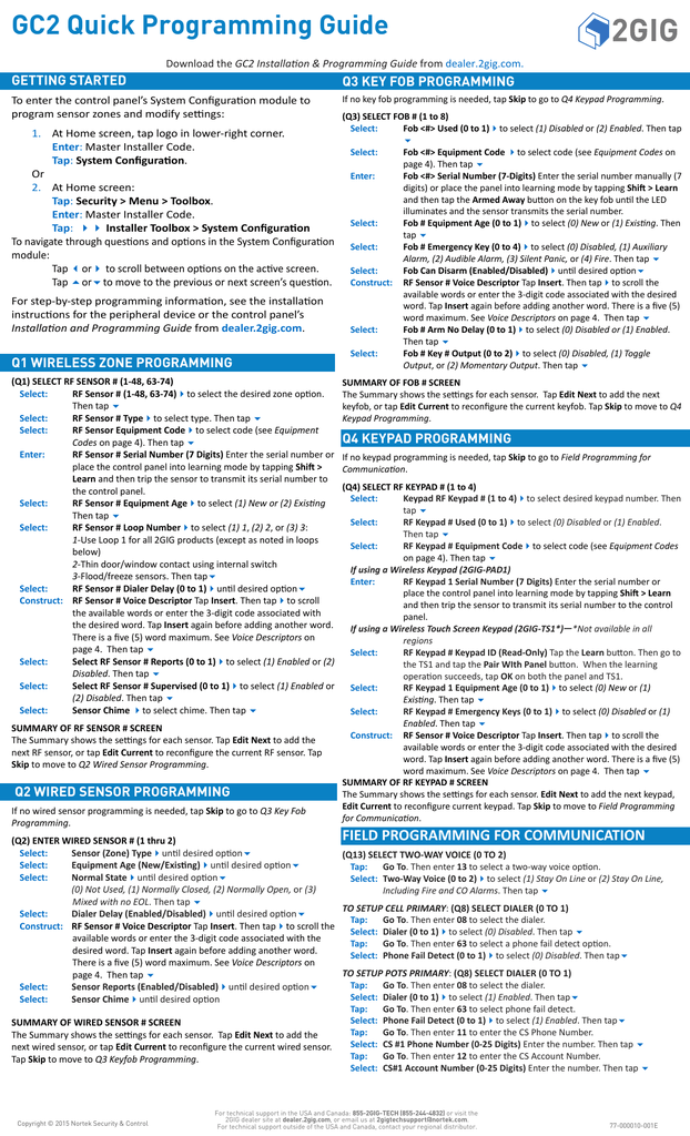 GC2 Quick Programming Guide - 2GIG | Manualzz