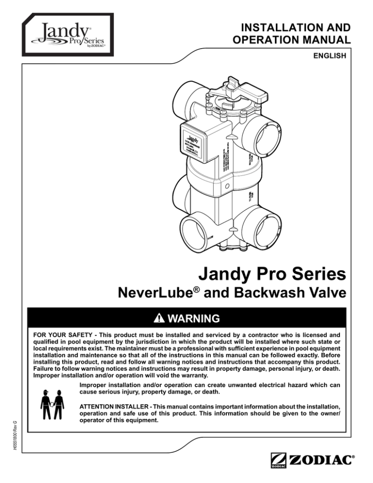 Jandy Pro Series Never Lube® and Backwash Valve I/O Manual Manualzz