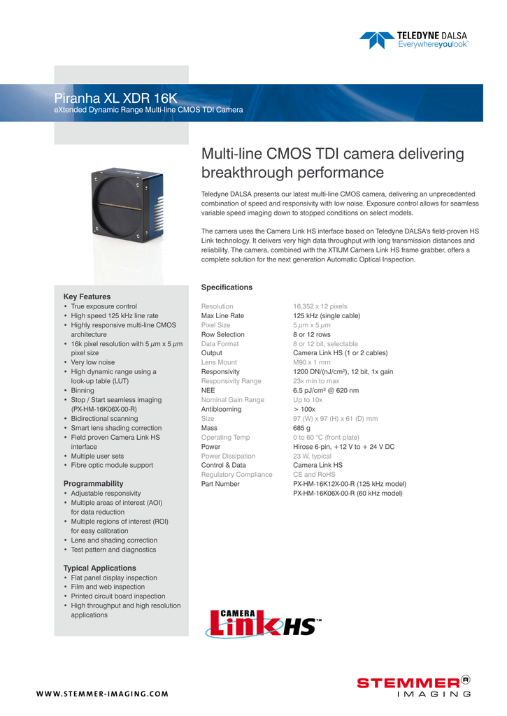 Teledyne Dalsa Piranha Xl Xdr Datasheet Manualzz