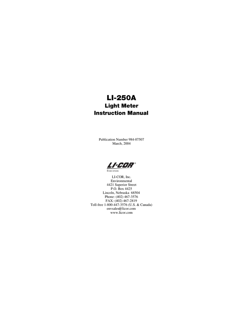 LI250A Light Meter Instruction Manual Manualzz