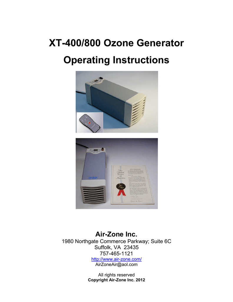 XT400/800 Ozone Generator Operating Instructions AirZone Manualzz