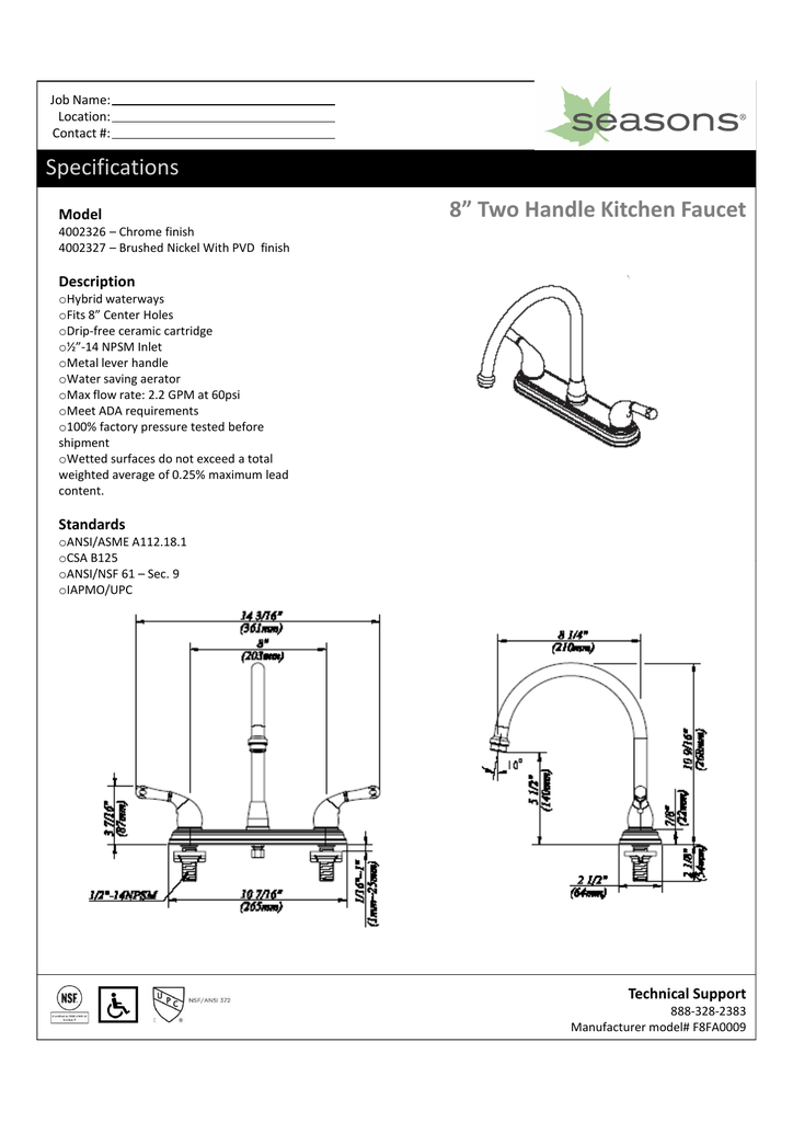8 Two Handle Kitchen Faucet Specifications Manualzz Com
