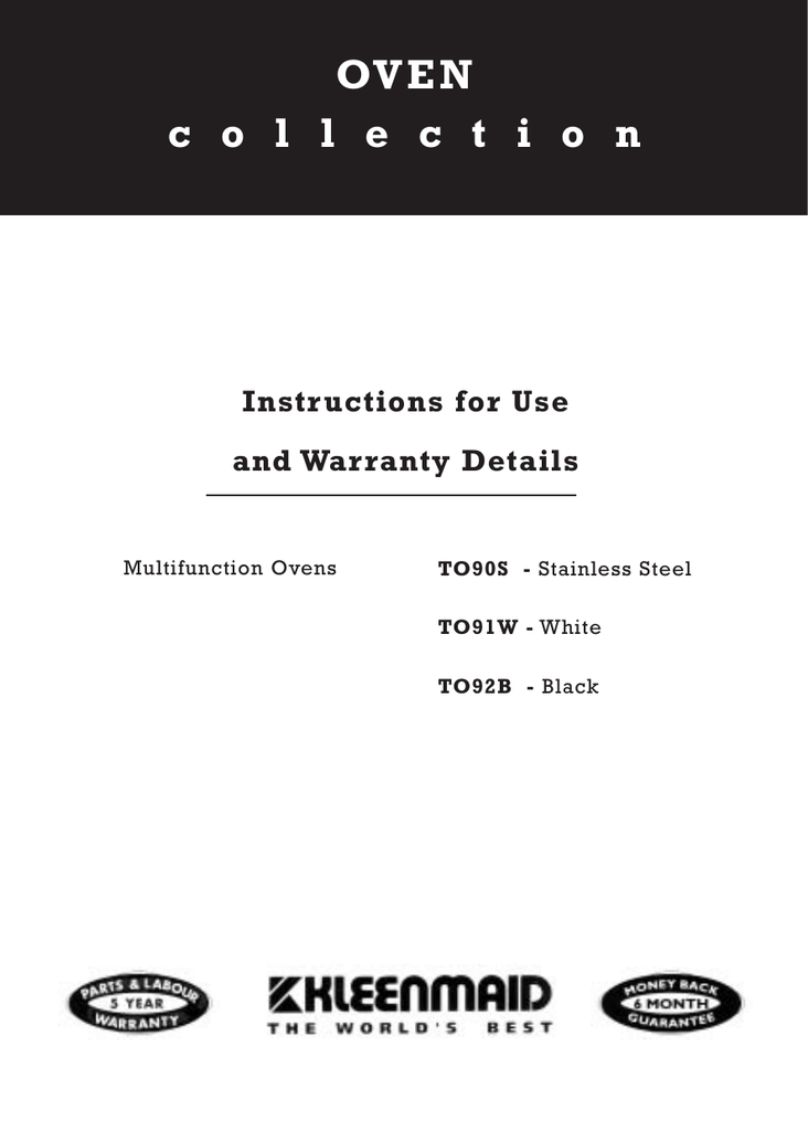 Kleenmaid TO92B Oven Owner's Manual Manualzz