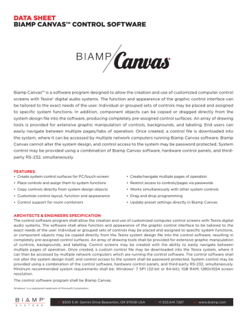 DATA SHEET BIAMP CANVAS™ CONTROL SOFTWARE | Manualzz