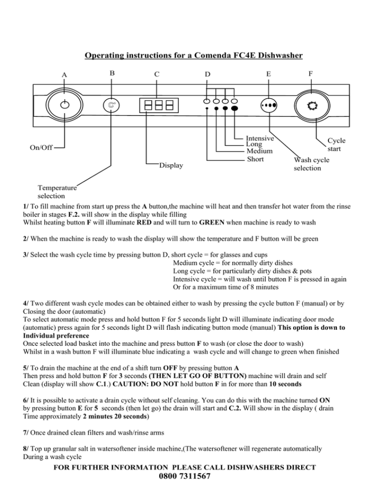 Operating instructions for a Comenda FC4E Dishwasher 0800 Manualzz