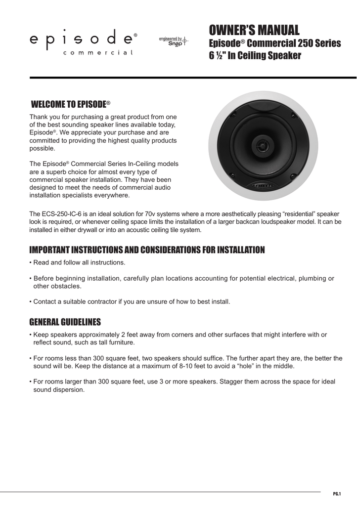 Episode 250 Commercial Series 25 70v In Ceiling Speaker Manualzz Com